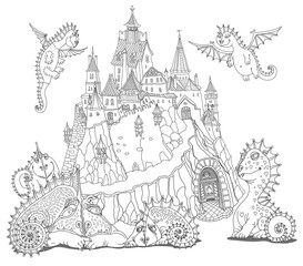 Fairy tale Dragon beast family near the old medieval castle and underground cave fireplace. Adults coloring book page