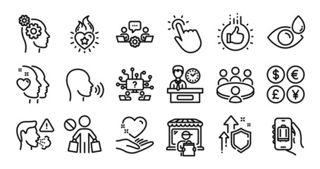 Heart, Heart flame and Eye drops line icons set. Secure shield and Money currency exchange. Thoughts, Presentation time and Delivery market icons. Teamwork question, Meeting and Teamwork signs. Vector