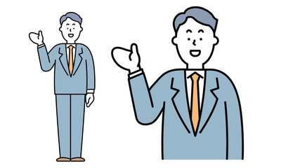 手をかざしているスーツ姿の男性のバストアップのイラスト素材。