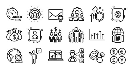 Meeting, Customer satisfaction and Group line icons set. Secure shield and Money currency exchange. Verified mail, Graph laptop and Cogwheel icons. Quick tips, Check investment and Agent signs. Vector