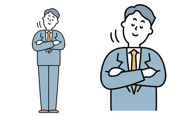 腕組みしてうなずくスーツ姿の男性のバストアップのイラスト素材。
