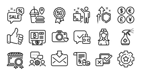 Discounts bubble, Medical cleaning and Photo camera line icons set. Secure shield and Money currency exchange. Medical prescription, Engineering team and Strategy icons. Vector