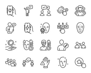 Vector set of Face biometrics, Group and Communication line icons set. Fever, Charging app and Electric app icons. Customer survey, People voting and Agent signs. Face biometrics web symbol. Vector