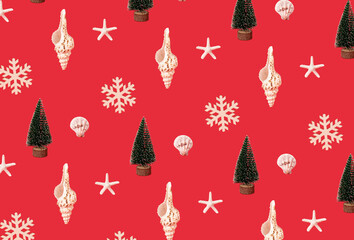 Seashells, snowflake and Chistmas tree on red background. Minimal xmas or new year sea pattern.