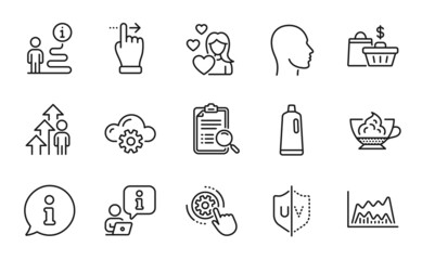 Line icons set. Included icon as Trade chart, Espresso cream, Cloud computing signs. Love, Shampoo, Employee result symbols. Cogwheel settings, Sale bags, Search analysis. Head line icons. Vector