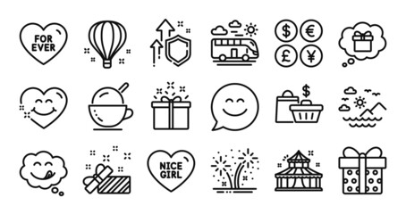 Air balloon, Bus travel and Special offer line icons set. Secure shield and Money currency exchange. Gift dream, Sea mountains and Ice cream icons. Smile chat, For ever and Fireworks signs. Vector