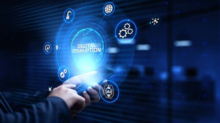 Digital disruption industry transformation technology revolution concept. Businessman pressing button on screen.