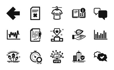 Vector set of Approved, Online voting and Best result icons simple set. Stock analysis, Winner cup and Agreement document icons. Bar diagram, Speech bubble and Delete file signs. Vector