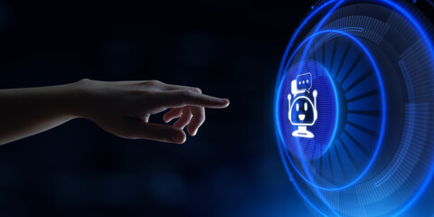 Chatbot chat bot customer service automation. Hand pressing button on virtual screen.