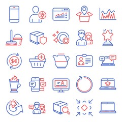 Line icons set. Included icon as Investment, Latte coffee, Online video signs. Loop, Share idea, Website education symbols. Notebook, Delivery insurance, Couple. Package location, Milk jug. Vector