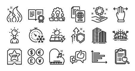 Freezing timer, Piano and Vip ticket line icons set. Secure shield and Money currency exchange. Search analysis, Fire energy and Teamwork icons. Vector