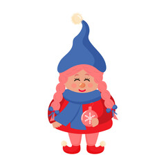 Cute girl gnome with Christmas ball. Christmas character.