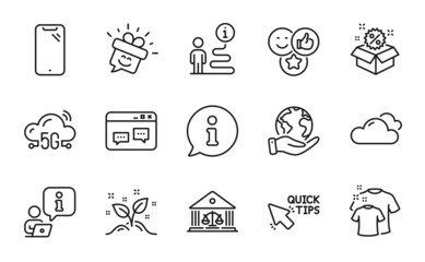 Business icons set. Included icon as Cloudy weather, Startup concept, Clean t-shirt signs. Sale, Smile, Court building symbols. Like, Save planet, Quick tips. Browser window, 5g cloud. Vector