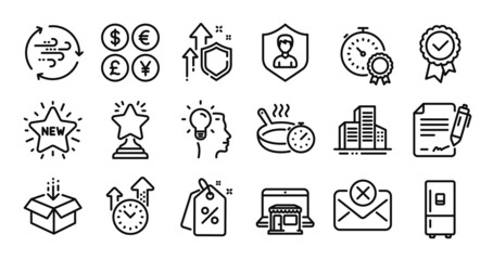 Wind energy, Reject mail and Winner line icons set. Secure shield and Money currency exchange. Get box, Tested stamp and Time management icons. Best result, Discount tags and Marketplace signs. Vector
