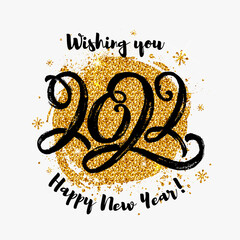 Happy New Year 2022 greeting card with hand lettering.