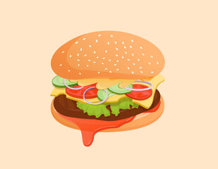 Cheeseburger with meat, salad, tomato, cucumber, onion, sauce and cheese.  flat illustration of fast food hamburger for poster, advertisement, menu, web, restaurant
