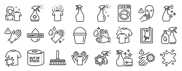 Set of Cleaning icons, such as Bucket, Dont touch, Wash hands icons. Toilet paper, Washing hands, Wash hand signs. Dirty t-shirt, Cleaning spray, Cleaning liquids. Washing machine. Vector