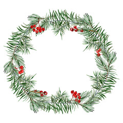 Fototapeta na wymiar Isolated watercolor Christmas wreath hand drawn on white background