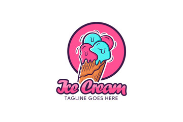 Melting ice cream balls in the waffle cone isolated on white background. Vector flat outline icon. Comic character in cartoon style illustration for t shirt design. combination pink and blue colors