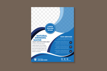 natural drinking water flyer template design. blue wave theme cover with space for photo. banner, roll up banner