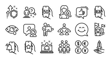 Mail app, Ð¡onjunctivitis eye and Alarm clock line icons set. Secure shield and Money currency exchange. Group people, Search employee and Moisturizing cream icons. Vector