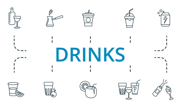 Drinks icon set. Collection of simple elements such as the coconat cocktail, whiskey, 13, turkish coffee, juice, drink to go.