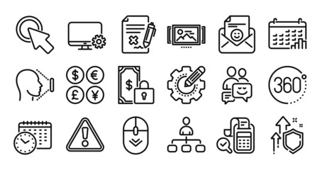 Calendar time, Image carousel and Management line icons set. Secure shield and Money currency exchange. Smile, Reject file and Face id icons. Communication, Warning and Settings gear signs. Vector
