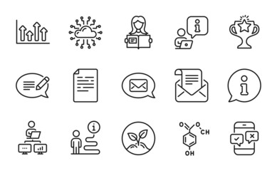 Education icons set. Included icon as Chemical formula, Woman read, Mail newsletter signs. Messenger, Startup, Victory symbols. Phone survey, Work home, Document. Upper arrows, Message. Vector