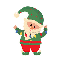 Cute gnome with Christmas garland. New Year character. 