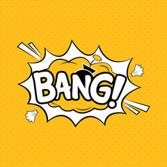 Bang comic explosion. Comic blast vector with yellow bubble. Cartoon burst with white wordings and a bomb. Funny explosion bubbles for cartoons with white and yellow colors. Comics bang text effect.