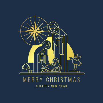 Merry Christmas and happy new year banner - modern gold line The Nativity with mary and joseph in a manger with baby Jesus and light star on dark blue background vector illustration design