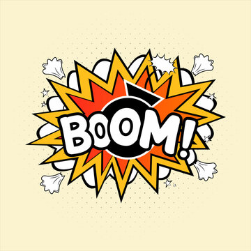 Boom comic explosion. Comic blast vector with text bubble. Cartoon burst with colorful wordings and clouds. Funny explosion bubbles for cartoons with red, white, and yellow colors. Comic boom.