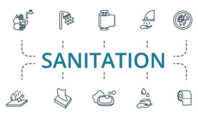 Sanitation icon set. Collection of simple elements such as the shower, hygiene, greenhouse effect, world temperature, oil spill, tsunami, nuclear tank.