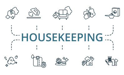 Housekeeping icon set. Collection of simple elements such as the washing powder, ironing, clothing repair, ozonation, hand wash, shoe cleaning.