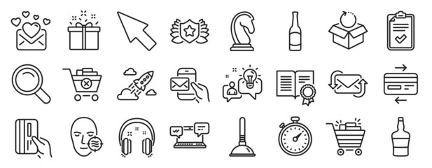 Set of line icons, such as Idea, Special offer, Timer icons. Beer, Credit card, Messenger mail signs. Refresh mail, Remove purchase, Internet chat. Marketing strategy, Scotch bottle. Vector