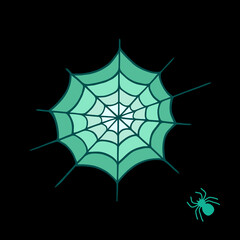 Bright illustration with a web and a spider on a black background. Halloween. Vector drawing.