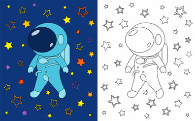 Coloring astronaut in space, coloring book for preschool kids with easy educational game level.Simple linear design.