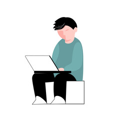 A teenager sits with a laptop. A character in a flat vector style.