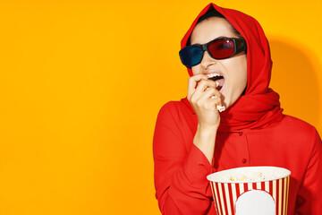 cheerful woman 3d glasses technology watching movie popcorn ethnicity model