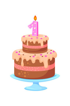 Cartoon bunk cake. Happy Birthday dessert with berry, vector