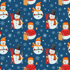Holiday winter snowmen seamless pattern