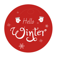 Handwritten vector illustration with snowflakes and red background. Hello winter lettering