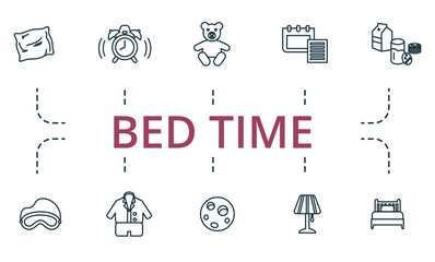 Bed Time icon set. Collection of simple elements such as the alarm clock, full moon, pajamas, schedule, little bear, night light.