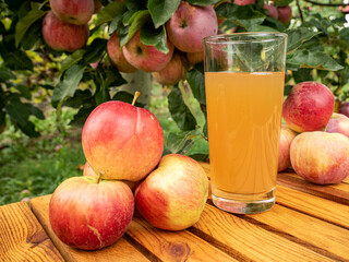 glass of juice and apples in the orchard