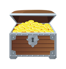 Ancient chest. Wooden box treasures with stack jewelry treasury, cartoon vector