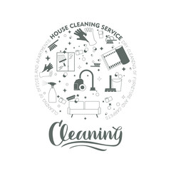 Cleaning company concept. A set of icons for washing and disinfecting the house, background and logo for the cleaning service. Vector isolated illustrations.