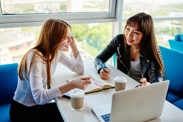 Cheerful diverse female students with modern netbook and education textbook for collaborative e learning discussing web publication in coworking space, happy women enjoying brainstorming studying