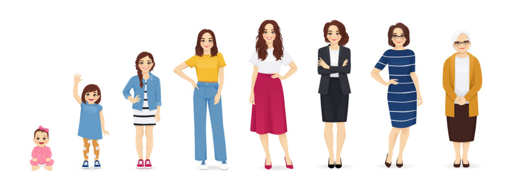 Woman of diifferent life stages cartoon characters. Baby, child, teenager, adult, mature and old persons vector illustration isolated