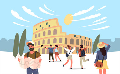 Rome vector coliseum with tourists. Travel theme cartoon people.