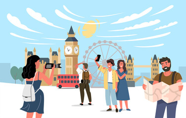 London vector with tourists. Travel theme cartoon people in city - obrazy, fototapety, plakaty